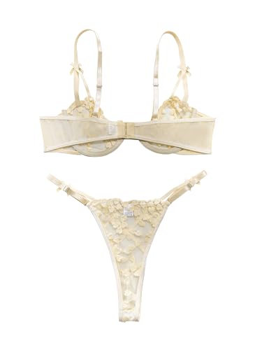 Lilosy Sexy Underwire Cute Push Up Strappy Embroidered Mesh Sheer Lingerie Set See Through Panty Bra