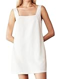 Ceputer Summer Linen Mini Dress for Women Sleeveless Square Neck Tank Shift Dresses Causal Backless Solid Short Sundress White