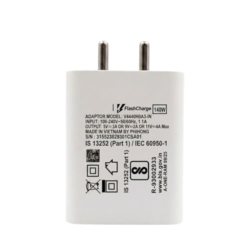 Image of 140W FlashCharge Super Fast Wall Charger Adapter with USB-A to Type-C Cable | Compatible with OnePlus 12 /11 /10 Pro /Nord CE 3, Oppo Reno 11 /10, Vivo X100 /V30 /T2 Pro, Realme GT & More (White)