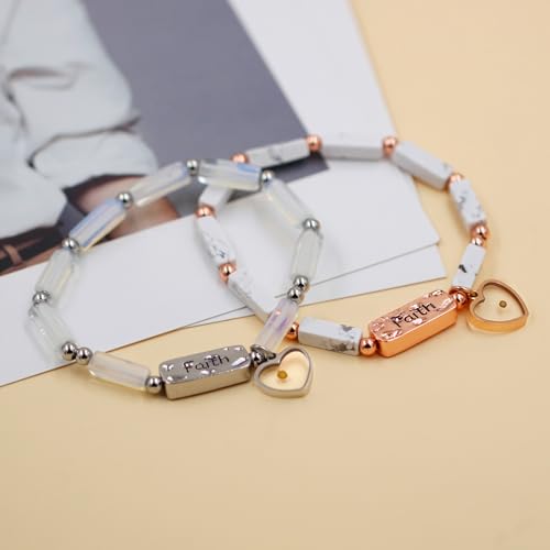 Image of Elastic Faith Bracelet for Women, Adjustable 7 inch Natural Stone Bracelet with Heart Mustard Seed Charm, Spiritual Christian Jewelry for Baptism, Graduation, Religious Celebration YA4856