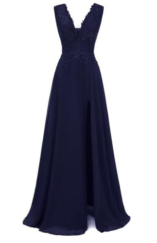 Robe de soirée longue bleu marine pour femme en mousseline de soie col V dentelle taille 40