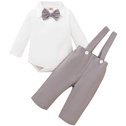 Baby Boys Formal Outfits Set Gentleman Bowtie Long Sleeve Romper+Overalls Bib Pants Suspender Tuxedo Clothes (Khaki, 3-6 Months)