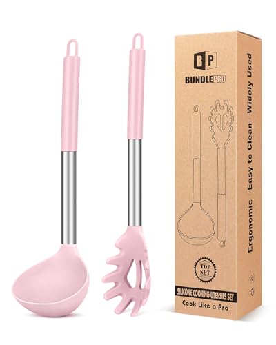 Silicone Pasta Fork and Ladle Spoon Set, Large Non Stick Kitchen Utensils for Cooking,Stirring,Serving Spaghetti, Soup, Sauce (PINK)