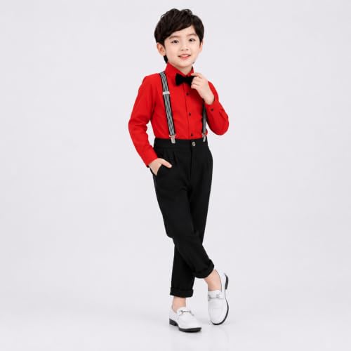 Image of SAGAR IMPEX Boys Cotton Blend Solid Full Sleeves Shirt and Pant Set with Suspender and Bow Tie | Clothing Set for Boys