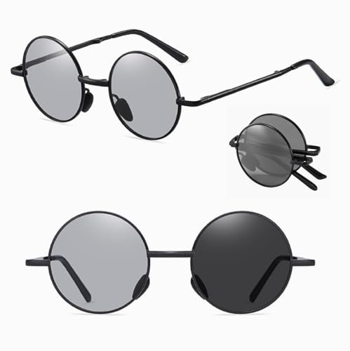 [REONAS] 偏光 + 調光 変色 折りたたみ サングラス ラウンド メガネ uvカット クラッシック 丸メガネ 2 (ブラック)