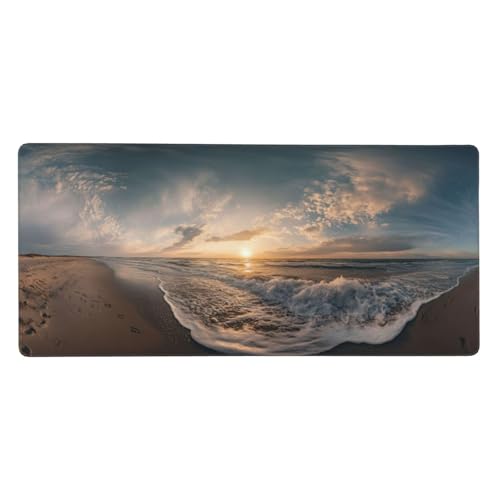 Strand Gaming Mauspad XXL 600x400x4mm, Sonnenuntergang Mousepad Vernähte Kanten Wasserdicht Anti-Rutsch Basis Desk Mat für PC, Verbesserung der Präzision und Geschwindigkeit der Büroarbeit-GZ571