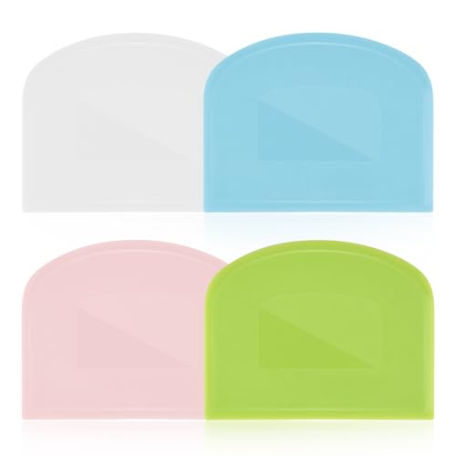 4 Pieces Food Scraper, Flexible Dough Scraper, Dough Scraper for Sourdough, Multifunctional Kitchen Scraper Tool, Baking Scraper, Bread Dough Cutter, Cake Smoother for Icing (White, Green, Blue, Pink)