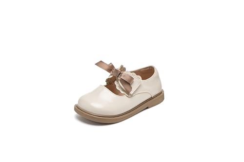 Girls Mary Jane Dress Shoes with Bow – Patent Leather Look School Uniform Flats with Hook and Loop Strap – Non-Slip Rubber Sole, Lightweight & Comfortable Formal Shoes for Kids