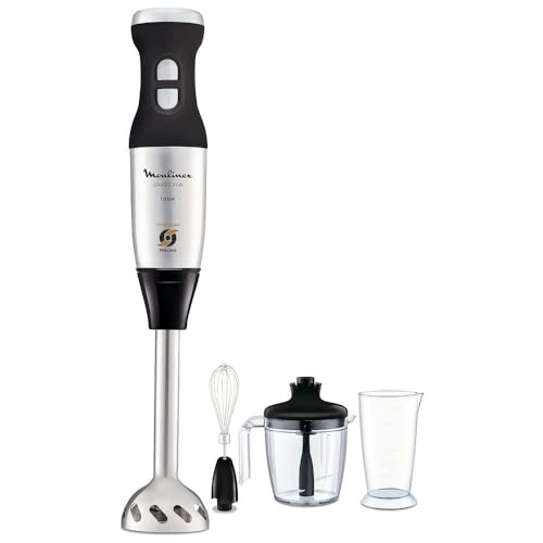 Moulinex Batidora Steelforce DD883D - Batidora de varilla de 1000 W, cuchillas revestidas de titanio, 20 velocidades, función turbo, vaso dosificador y picadora, accesorio para montar y batir, negro