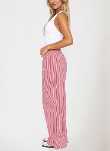 Women Elastic Waist Striped Pants Y2K Wide Leg Striped Print Trousers Low Waist Striped Lounge Pants with Pockets3