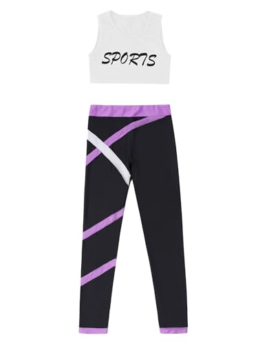 easyforever Kid Girls Crop Tops Racerback Tank Top And Gymnastics Leggings 2 Piece Dance Sports Clothes Set White&Lavender 8 Years3