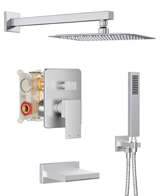 Holispa Shower System with Tub Spout, All Metal Tub Shower Faucet Set with 10” Rain Shower Head and Handheld Spray combo, Wall Mounted Tub Shower Systems with Valve and Trim Kit, Brushed Nickel