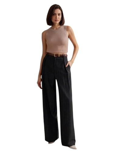 Image of KOTTY Women's Tailored Wide Leg Pinstripe Pants - High Waisted Straight Fit Work Trousers with Pockets, Elegant Office & Business Casual Wear