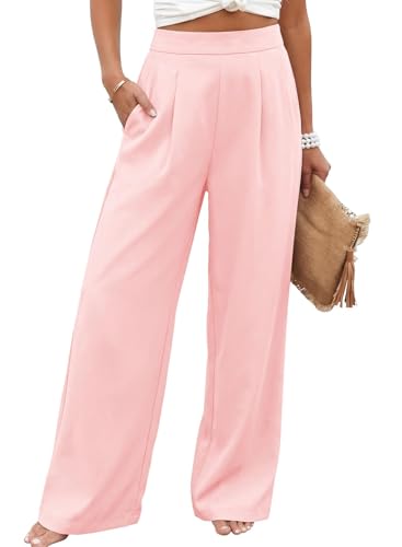SHEWIN Womens Dress Pants Loose Fit Elastic Waist Wide Leg High Waisted Flowy Business Casual Pants for Women 2026 Pink Small