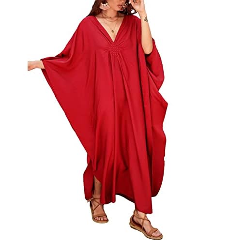 Bsubseach Women Solid Color Cover Up V Neck Batwing Sleeve Plus Size Beach Kaftan Dresses F-red