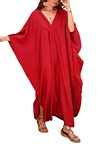 Bsubseach Femme Longue Robe de Plage Eté Casual Caftan Avec Col en V et Manches Chauve-souris Djellaba Grande Taille Kaftan Cache-Maillot Maxi Kimono Rouge