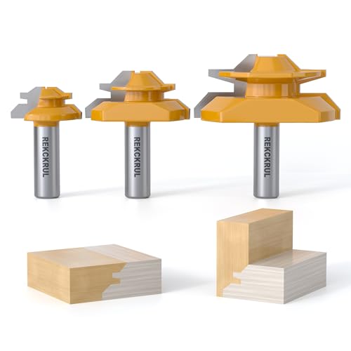 REKCKRUL 3 PCS Professional 45 Degree Lock Miter Router Bit Set - Carbide Tipped, 1/2
