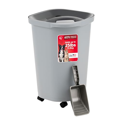 IRIS USA Pet Food Storage Container 25 lbs, Premium 60% Improved Airtight Seal with Air Valve, 2 Cup Scoop, Removable Wheels, Easy to Open - Made in the USA, Gray