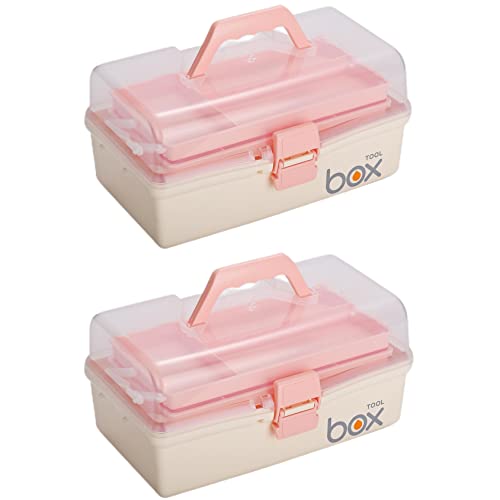 Kinsorcai 2PCS 12'' Three-Layer Clear Plastic Storage Box/Tool Box, Multipurpose Organizer and Portable Handled Storage Case for Art Craft and Cosmetic (White)