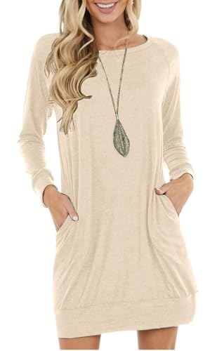 PrinStory Women Jumper Dress Long Sleeve Winter Dresses Casual Loose Mini Dresses Knitted Pullover Sweater Tunic Tops Basic Dress With Side Pockets UK Size 22-24 (VG Beige, XXL)