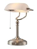 Newrays White Matted Glass Bankers Desk Lamp with Pull Chain Switch Plug in Fixture,Sand Nickel Base