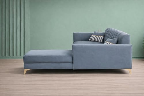 Image of Adorn India Premium Luster 6 Seater L Shape Sofa Set | Velvet Suede Fabric | 3-Year Warranty | RHS |Color Grey with Golden Legs & Striped Pattern Cushion