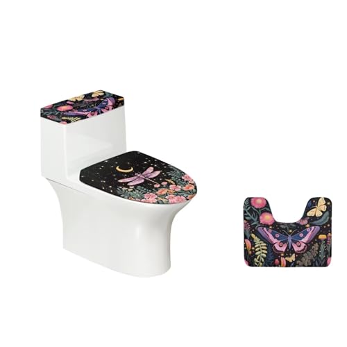 ZDCUSTOM Butterfly Dragonfly Flower Toilet Covers & Contour Rug 3-Piece Set, Soft Toilet Tank Cover + Absorbent U-Shape Contour Mat+ Toilet Lid Cover