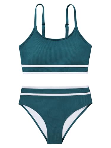 Girls 2 Piece Swimsuit Ribbed Bathing Suits Color Block Adjustable Strap Bikini Set for Teens Girls Swim Suit