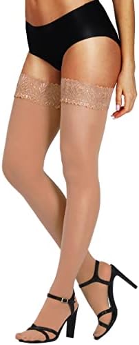 HONENNA Semi Sheer Stay Up Lingerie Thigh High Stockings Lace Top Size A-F