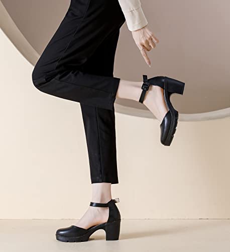 DADAWEN Women's Closed Toe Low Block Chunky Heels Round Toe Ankle Strap Wedding Work Dress Pump Shoes2