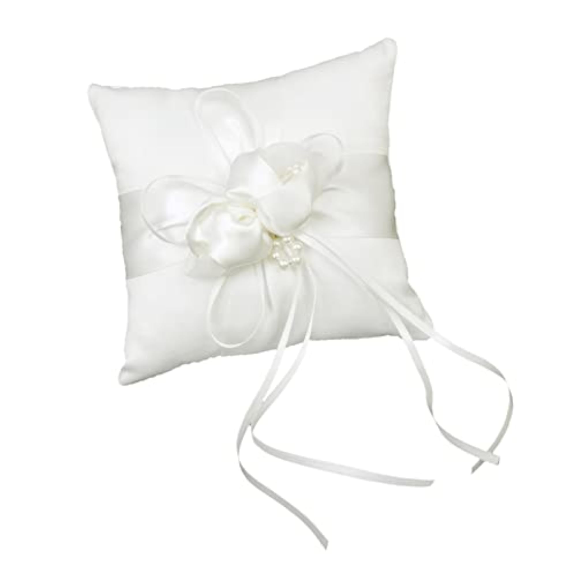 Ivory Satin Pearl Beaded Ring Bearer Pillow Cushion & Flower Basket