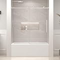 EASYWORC Bathtub Shower Door Frameless, 55-60" W x 60" H Sliding Tub Shower Door, 1/4''(6mm) SGCC Tempered Glass with Explosion-Proof Film Nano Coating, Stainless Steel Hardware, Brushed Nickel