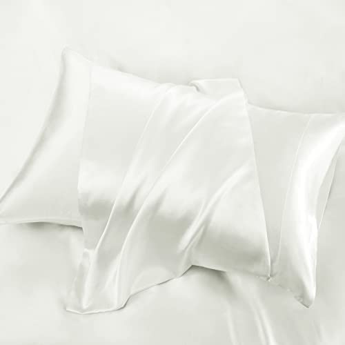 P Pothuiny 6 Pieces Queen Satin Sheets Luxury Silky Ivory White Satin Bedding Sheet Set, 1 Deep Pocket Fitted Sheet + 1 Flat Sheet + 4 Pillow Cases