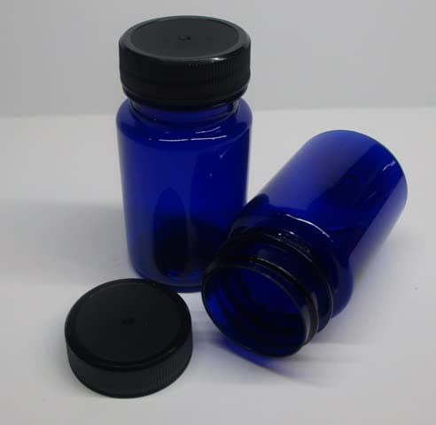 RX Bottle Supply 60cc 2 Ounce Cobalt Blue PET Packer Wide Mouth Round Plastic Bottles And Caps 12 Pack Pharmaceutical Grade
