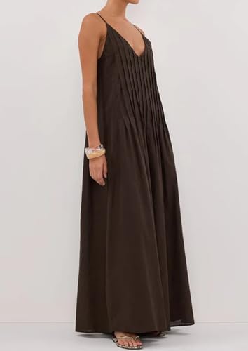 Summer Spaghetti Strap Tuck Maxi Dresses for Women 2025 Vacation V Neck Sleeveless Beach Long Boho Sundress4