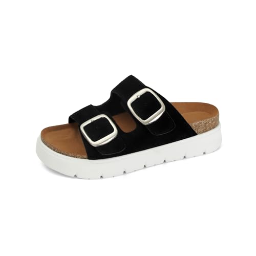 Image of Genuine Leather Platform Sandals for Women Comfortable Summer Beach Slides Sandals with Double Adjustable Buckle