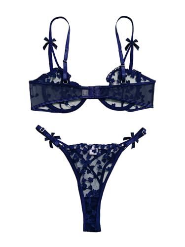 Image of Lilosy Sexy Underwire Cute Push Up Strappy Embroidered Mesh Sheer Lingerie Set See Through Panty Bra