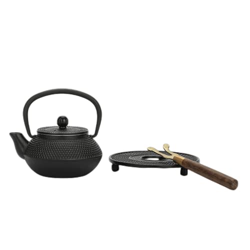 鉄瓶 急須 ティーポット 鉄器 やかん ih 直火可 鍋敷 茶道道具 3点セット 鉄分補給 きゅうす 鋳鉄 鋳物 鉄びん 茶こし付き ホーロー加工なし 茶道具 鉄製 やかん ケトル 大容量 瓶敷セット 伝統工芸品 IH調理器対応 各種熱源対応 (0.3L+