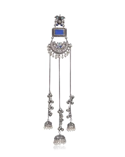 Image of Kashmiri Earrings for Women |Square Stone Fan Chain Earring | Ethnic Oxidised Silver Long Chain for Girls Bridal Festive |Gift for Girls Women