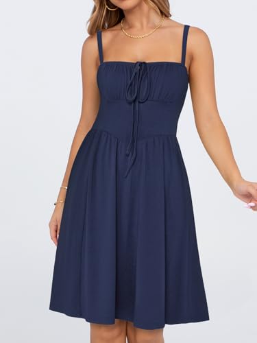 Image of YATHON Summer Mini Corset Sun Dress for Women Short Casual Square Neck Lace Up Floral Beach Vacation Dresses with Pockets