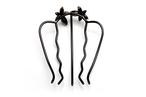 Helen Accessories - Double Swavroski Crystal Flowers Hair Fork (Black/Pink)