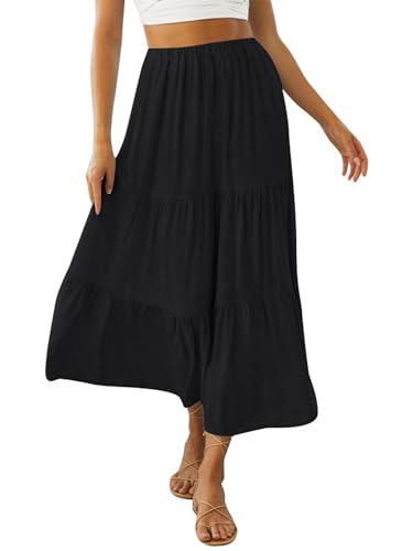 Women Summer Tiered Maxi Skirt Elastic High Waist A Line Boho Beach Dress Pleated Flowy Swing Long Skirts