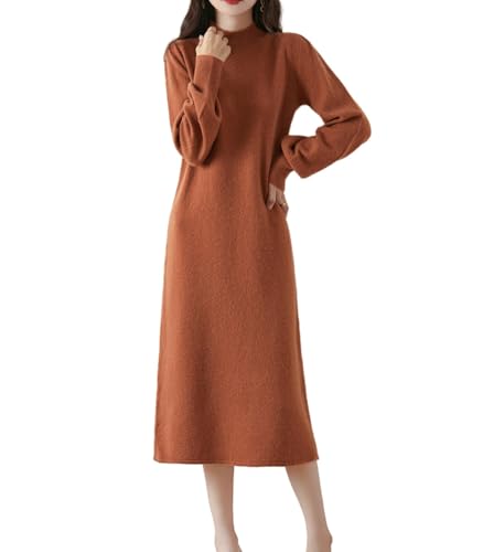 100% Merino Wool Sweater Dress Women's Mock Neck Lantern Sleeve Pullover Autumn Winter Knitted Long Dress