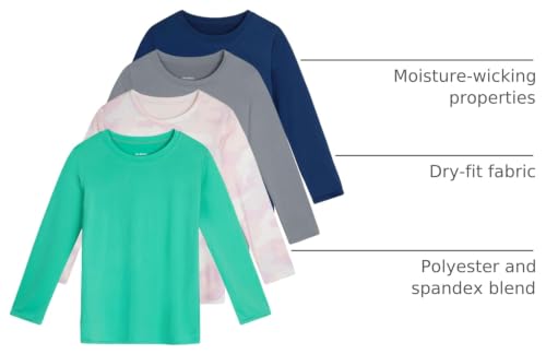 Image of Real Essentials 4 Pack: Girls' Dry-Fit Long Sleeve Crew Neck T-Shirt - Athletic Activewear Soccer Top for Teens Kids Youth