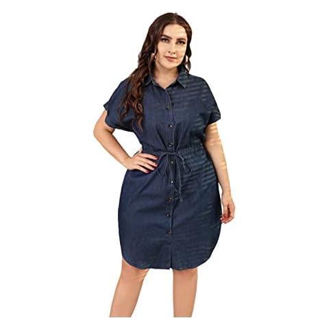 Love Welove Fashion Women's Summer Denim Shirt Dress Short Sleeves Knee Length Button Down Casual with Pockets (Dark Blue, S) Cover