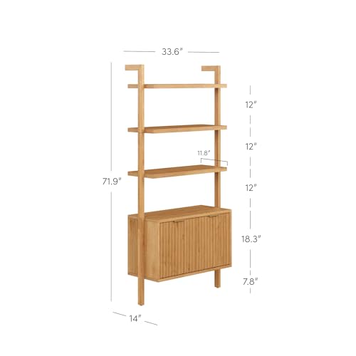 Nathan James Jasper 3-Shelf Solid Wood Boho Bookshelf, Wall Mounted Bookshelf with Cabinet with Fluted Doors, Natural Brown - Image 3