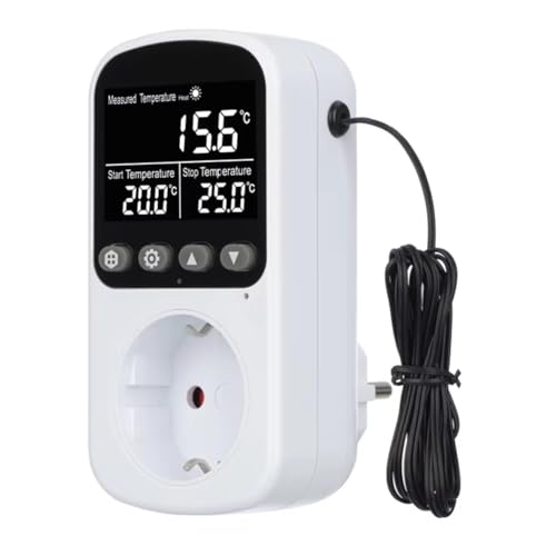 Jooehyer Controlador de Temperatura Digital, Enchufe, Termostato con Temporizador, Sensor, Sonda, Interruptor de Calefacción y Refrigeración, 16 A, Retroiluminación, UE.