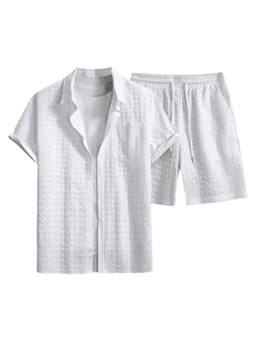 VIPWOLF Men's 2 Piece Outfits Short Sleeve Button Down Shirt and Textured Drawstring Waist Shorts Matching Set All White Medium