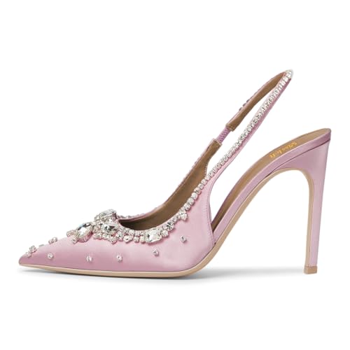 miss left Women Gorgeous Studded Rhinestone Slingback Satin Pumps Pointed Toe Slip on Stiletto High Heels Wedding Prom Formal Shoes Size 4-16 US2