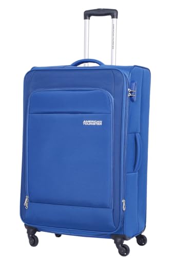 American Tourister Oakland Suitcase, Check-In Size 68 cm / 25 inch, Spinner Wheels, Soft Top, 100% Polyester, Blue|TSA Lock|Front Pocket Storage Compartment|Expandable - 3 Years Global Warranty